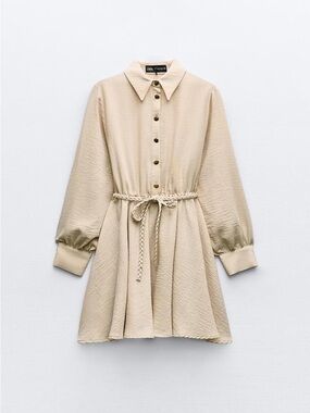 ZARA Cream Textured Long-Sleeve Shirt Dress with Braided Tie